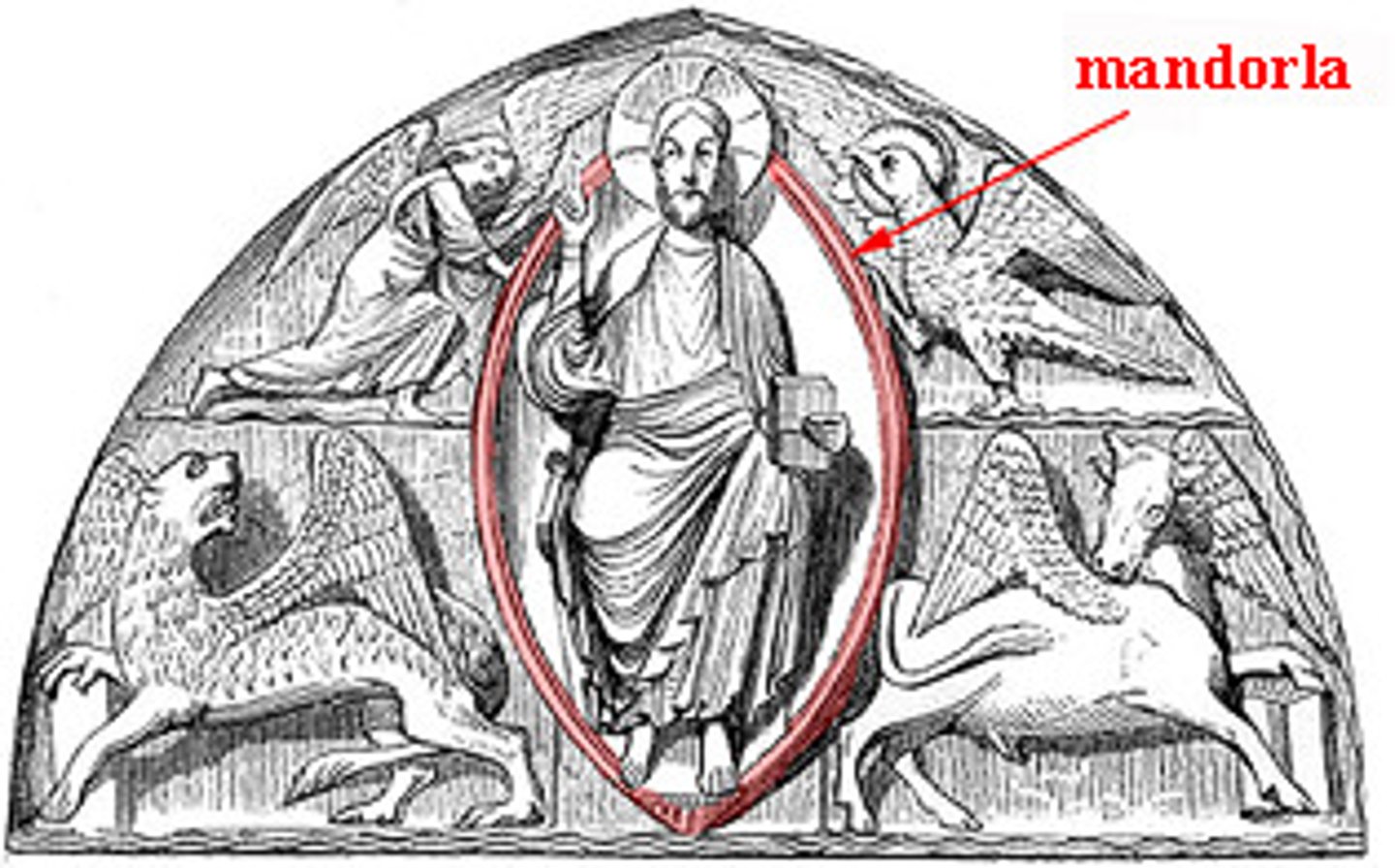 <p>An almond-shaped halo or aureole surrounding a sacred figure, signifying divine light or heavenly glory.</p>