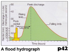 <ul><li><p>Graph showing how river responds to particular storm</p></li><li><p>Lag time - time between peak rainfall and peak river discharge, depends on physical factors above.</p></li><li><p>'flashy' river hydrograph - shows quick lag time between peak rain and peak discharge</p></li></ul>