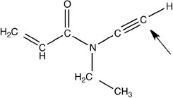 <p>What is the electron geometry and hybridization around the labeled carbon atom (see arrow) in the following molecule?</p><p><br></p>