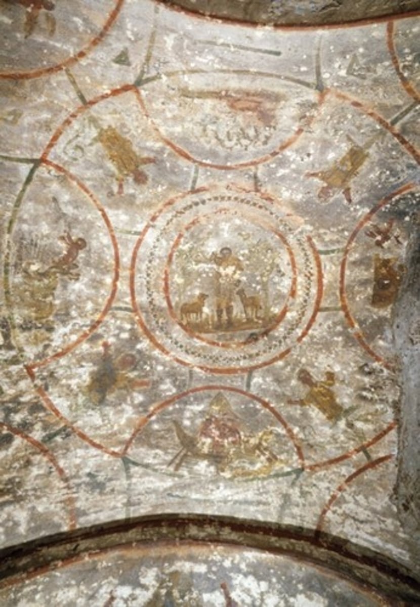 <p>Early Christians would probably have recognized the figures with raised arms shown between the lunettes of the fresco as representing</p><p>A</p><p>angels guarding the chapel</p><p>B</p><p>apostles preaching the Gospel</p><p>C</p><p>martyrs who died by crucifixion</p><p>D</p><p>believers in the act of prayer</p>