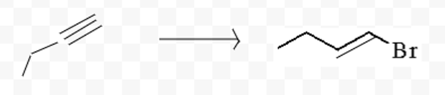<p>anti mark syn addition of Br on triple bond, forms double bond</p>