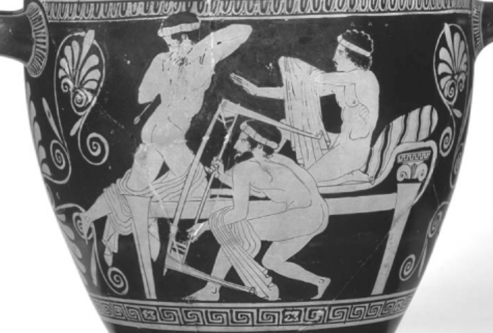 <p>Who defends himself with an overturned table? (Figure 22.2)</p>