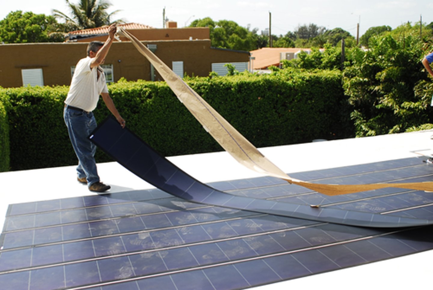 <p>is a thin film solar cell and is a second generation solar cell that is made by depositing one or more thin layers, or thin film of photovoltaic material on a substrate, such as glass, plastic or metal</p>