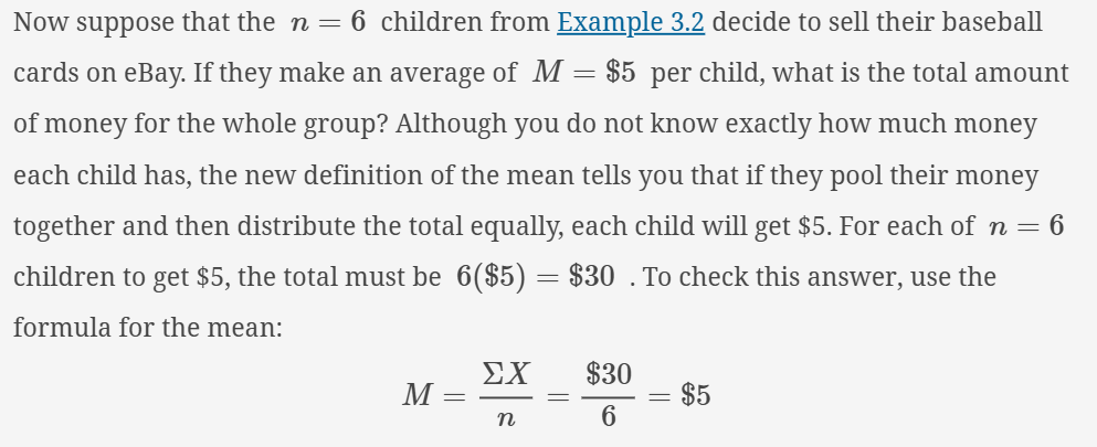 <p>The amount each individual would get if the total (ΣX) were divided equally among all the individuals (n) in the distribution.</p><p>ΣX/N</p><p>example: </p>