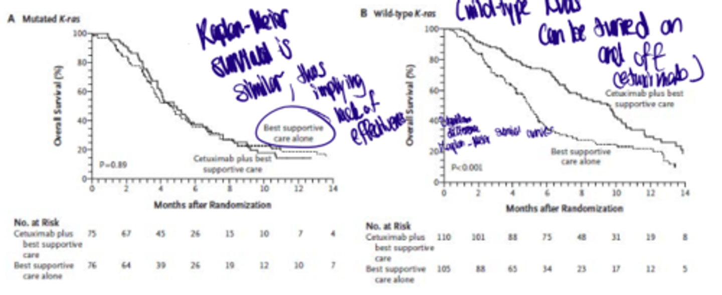 <p>Note: LEFT - Kaplan-Meier survival curve shows those with the mutated Kras have similar outcomes versus best supportive care (i.e., placebo) which means EGFR-directed drug doesn't really have an effect</p><p>RIGHT - wild-type Kras there is a significant difference between best-supportive care versus EGFR-directed drugs in the Kaplan-Meier survival curve, implies the EGFR-directed drugs significant impact</p>