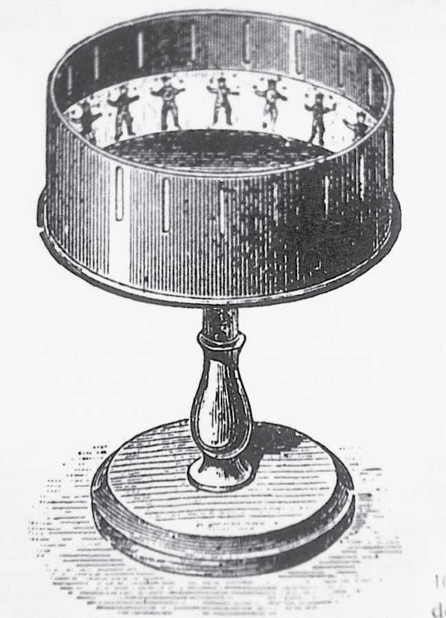 <p>An optical toy invented in 1833 that contained a series of drawings on a narrow strip of paper inside a revolving drum.</p>