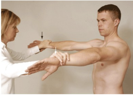 <p><strong>Purpose:</strong> Tests for supraspinatus muscle/tendon tear</p><p><strong>Positive Signs:</strong> Muscle weakness, pain</p><p><strong>Method:</strong></p><ul><li><p>Abducted arm to 90 degrees in neutral, resist</p></li><li><p>Rotate medially into scaption and resist again</p></li><li><p>Resist at wrists pushing downward</p></li></ul><p></p>