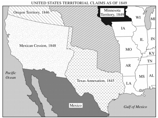 The acquisition of territory in the southwestern region shown in the map intensified controversies in the United States about