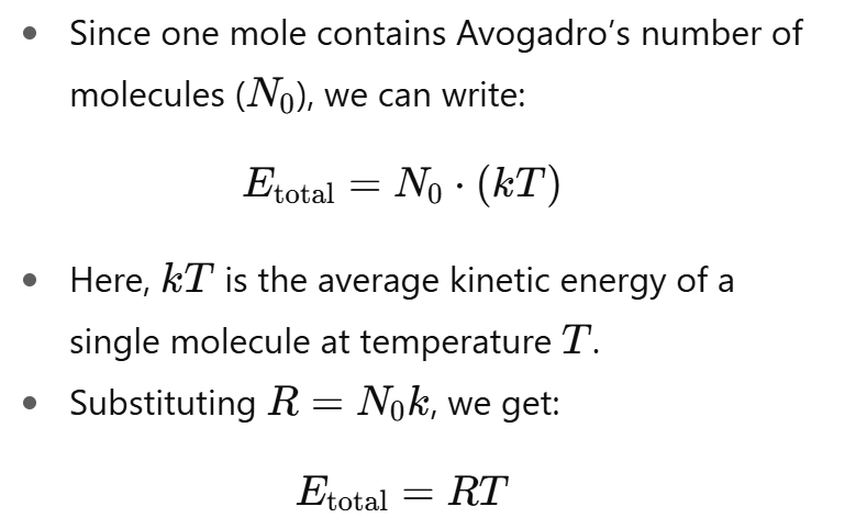 <p>The total energy of a mole of gas is simply the <strong>sum of the kinetic energies of all the individual molecules</strong>.</p><p></p><p>Each molecule carries about kT of energy, and summing over all molecules in a mole gives the macroscopic energy RT.</p>