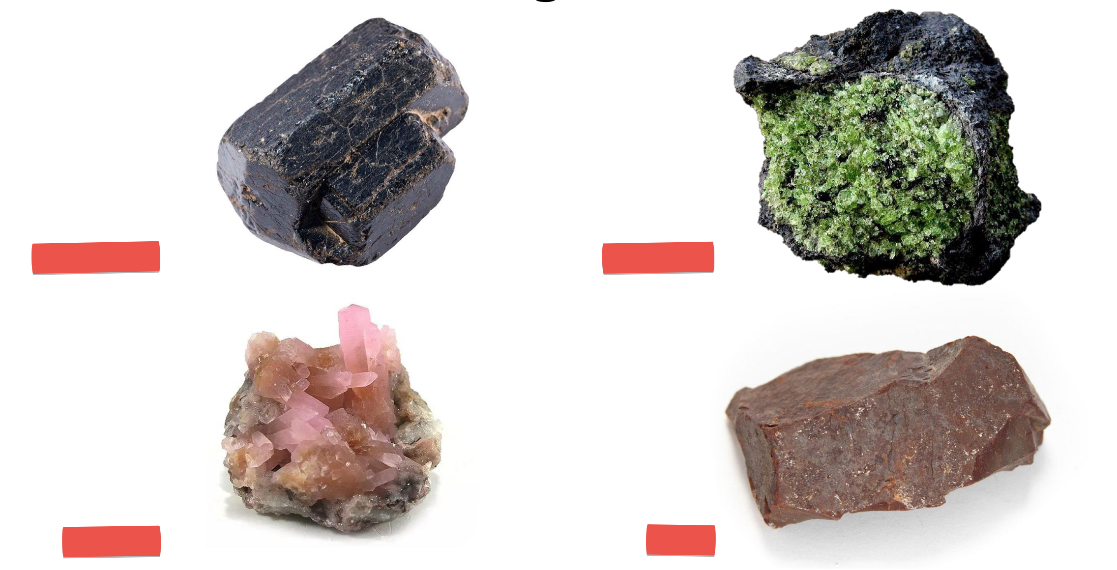 <p>Identify minerals (left to right, top to bottom)</p>