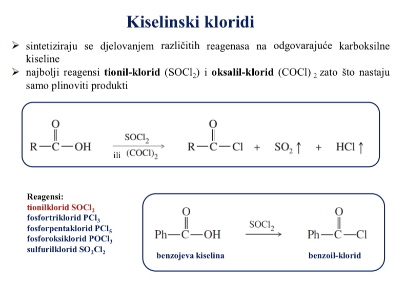 <p>Najbolji reagensi tionil-klorid (SOCl2) i oksalil-klorid (COCl) zato sto nastaju samo plinoviti produkti</p>