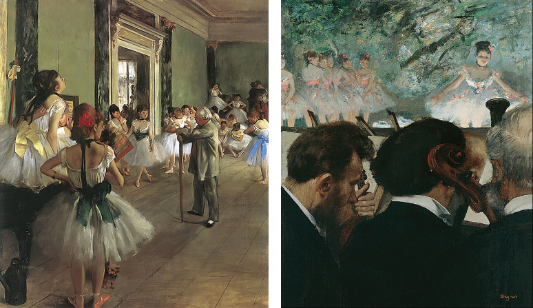 <ul><li><p><span>compositions of the female figure</span></p></li><li><p><span><strong>the ballet class</strong></span></p></li><li><p><span><strong>musicians in the orchestra</strong></span></p></li></ul><p></p>