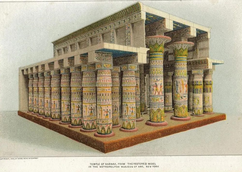 <p>La sala ipostila più grande del tempio di Amon Ra, a Karnak, costituita da 134 colonne disposte su 16 file. Le colonne hanno altezza diversa, in modo tale che lo scarto rispetto alle colonne esterne permetta di illuminare la parte centrale naturalmente. Potremo definirlo un “antenato” dei lucernari successivi.</p>