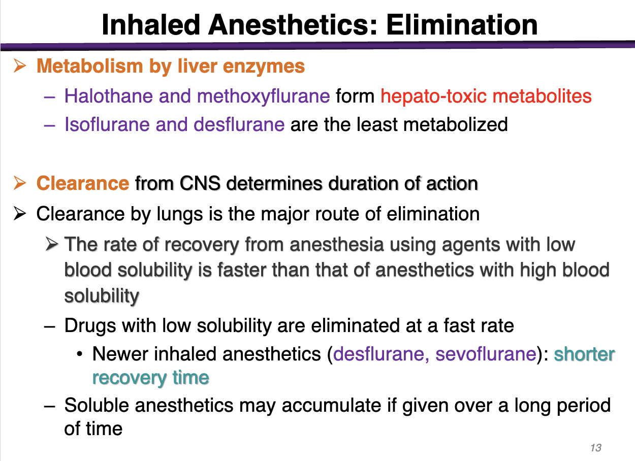 <p>clearance by lungs is the major route of elimination </p>