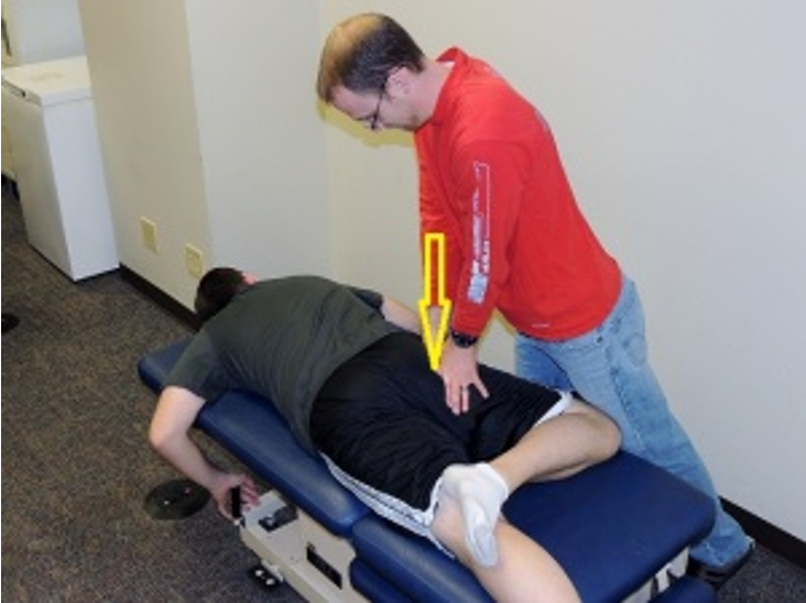 <p>Position: Prone. <span style="color: yellow">Hip in ER, abd, flexion</span>. Hand at joint line</p><p>Purpose: inc. extension, lateral rotation</p>