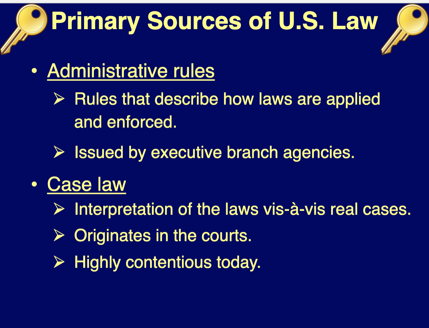 <ol><li><p><strong>Constitutional law:</strong> Foundational legal framework.</p></li><li><p><strong>Legislative statutes:</strong> Laws passed by Congress or state legislatures.</p></li><li><p><strong>Administrative rules:</strong> Issued by executive agencies to implement laws.</p></li><li><p><strong>Case law:</strong> Legal interpretations from court rulings.</p></li></ol><p></p>