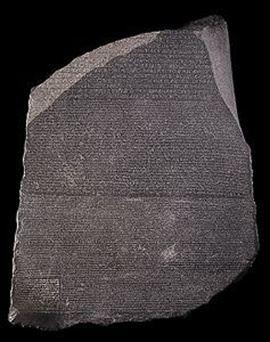 <p>Period: Ptolemaic Egyptian</p><p>Medium: Granodiorite stela</p><p>Languages: Three scripts - 14 lines Hieroglyphs, 32 lines Demotic, 54 lines Greek</p><p>Content: Celebrates reign of Ptolemy V</p><p>Discovery: Found by Napoleon's troops in 1799</p><p>Importance: Key to deciphering Egyptian hieroglyphics</p><p>Current Location: British Museum, London</p><p>Rosetta Stone helped to translate Egyptian Hieroglyphics</p>