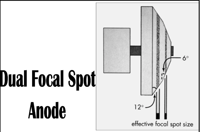 <p><span>Dual Focal Spot Anode</span></p><ul><li><p>Has a rotating anode that has two different angels<br></p><ul><li><p>12 degrees = <span><strong>[why?]</strong></span></p></li><li><p>6 degrees = <span><strong>[why?]</strong></span></p></li></ul></li></ul><p><span>Dual Focal Spot Cathode</span><br></p><ul><li><p>Has two filaments with more coils for <span>the 12 degree wider field option</span> &nbsp;</p></li></ul><p></p>