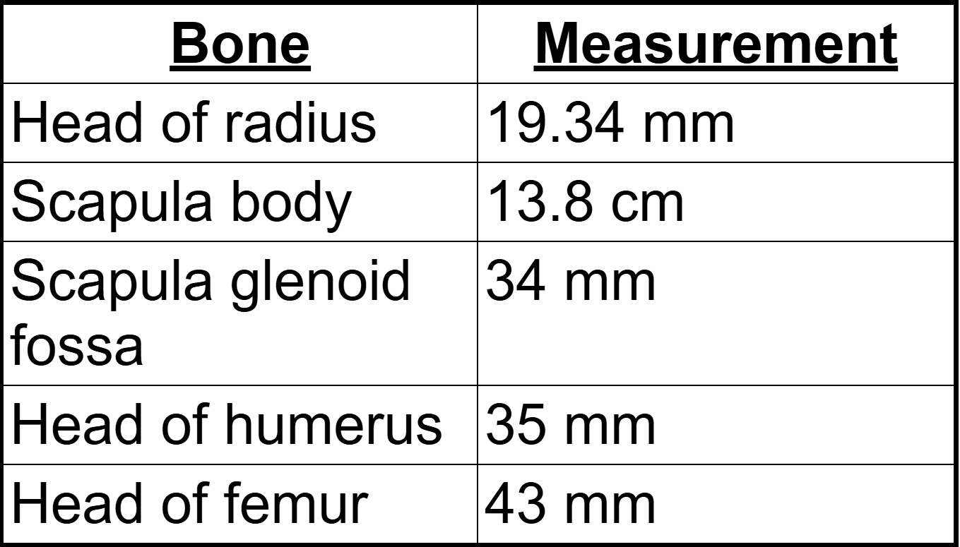 <p><span>Based on the provided postcranial measurements, is this individual male or female? Answer M for male and F for female, the letter must be capitalized in order to receive credit for your answer.</span></p><p>*note: this is not taking into consideration the length of the <span style="font-size: large">femur, fibula, tibia, humerus or ulna.</span></p>