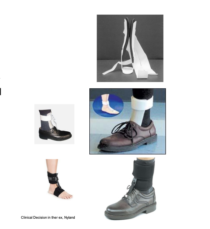 <p>ankle brace/aircast</p><ul><li><p>provides medial-lateral stability</p></li><li><p>does not provide DF/PF control</p></li></ul><p>steady strider</p><ul><li><p>provides only DF</p></li><li><p>no medial/lateral support</p></li></ul><p>foot up</p><ul><li><p>provides only DF</p><ul><li><p>No M/L support</p></li></ul></li></ul><p></p>