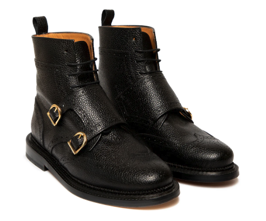 <p>higher shoes for men ending at the ankle, closing with a strap and buckle across the ankle </p>