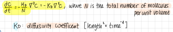 <p>(dC/dt)=-(kappa_D/N)*grad²C=-K_D*grad²C </p><p>N is the total number of molecules per unit volume</p><p>K_D is the diffusivity coefficent (length² * time^-1)</p>