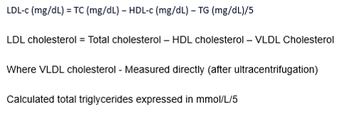 <p><strong>Friedewald formula- </strong><span><span>used to estimate LDL ("bad") cholesterol from a standard lipid panel: </span></span></p><p></p>