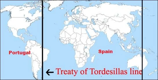 <p>Agreement betwen Spain and Portugal. Spain got most of North and south America. Portugal got Brazil.</p>