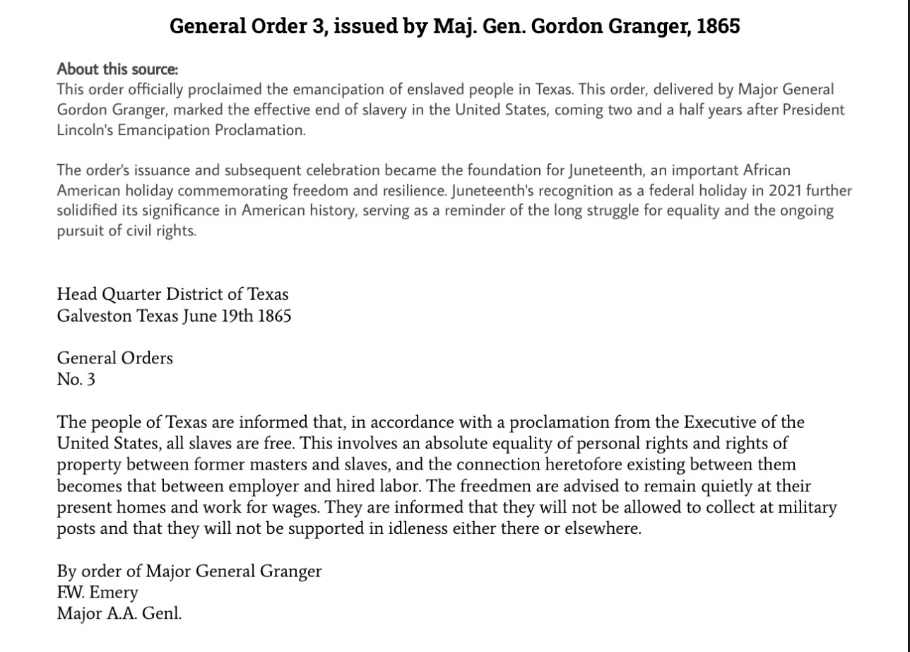 <p>#58 General Order 3, issued by Maj-Gen. Gordon Granger, 1865</p>