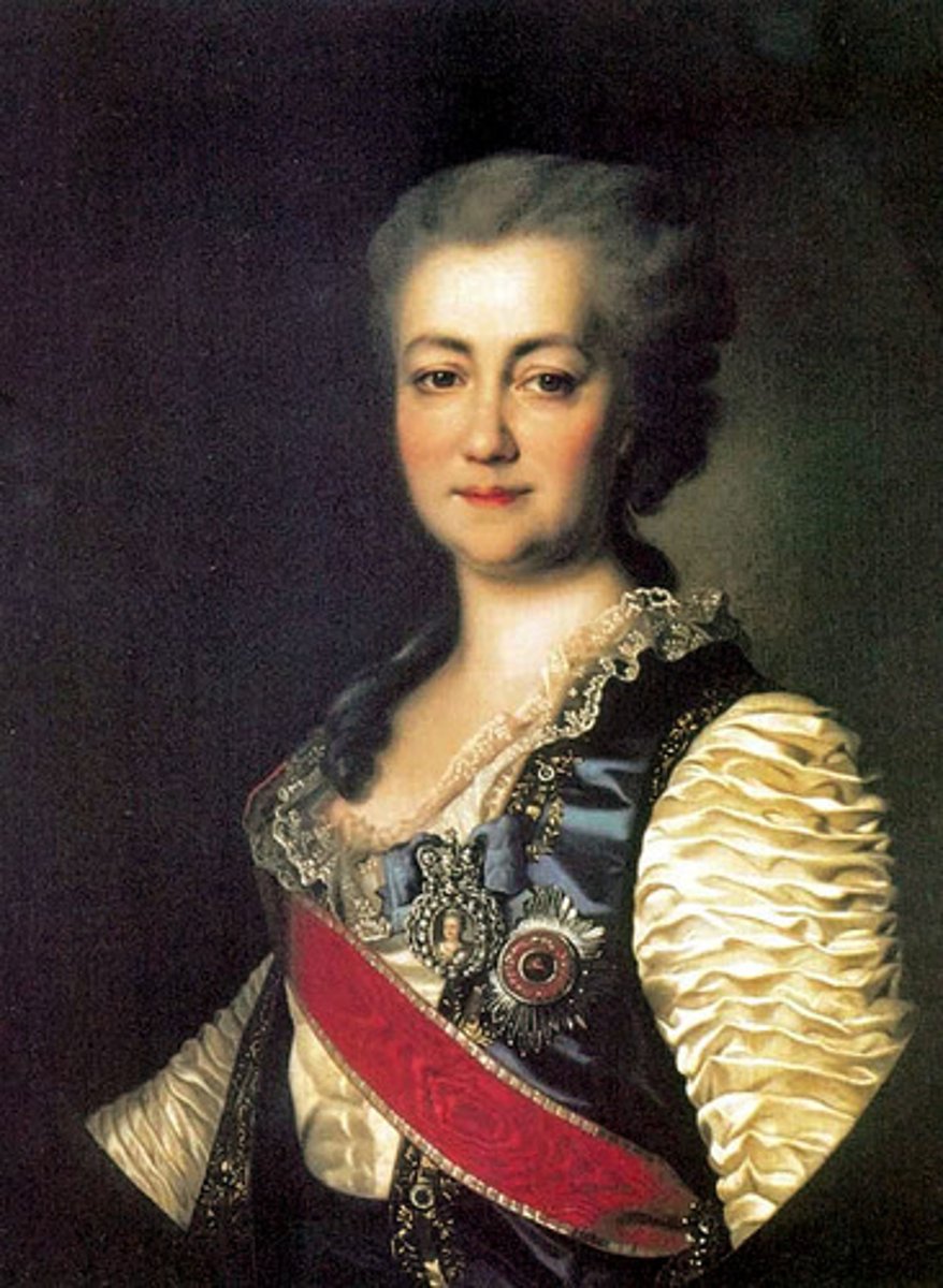 <p>Russian empress who continued the process of Westernization through education, corresponded with Voltaire and encouraged the intellectual development of the Russian boyars, but widened the gap between social classes with that education. She considered improving the lives of serfs until the Pugachev rebellion, and allowed full civil rights for Jews.</p>