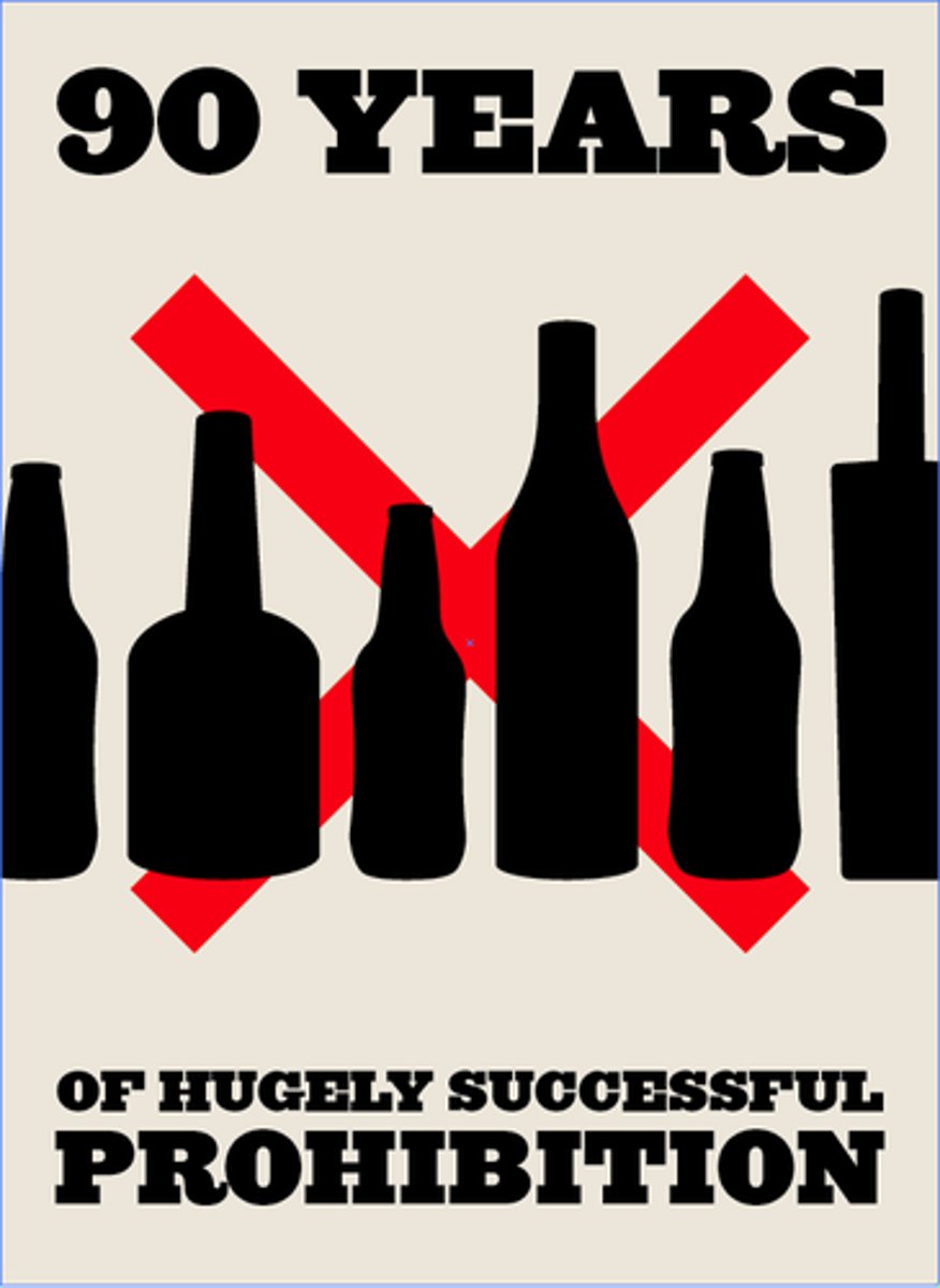 <p>Prohibition of alcoholic beverages - banned making, selling, or transporting of alcoholic beverages</p>