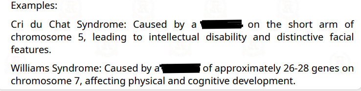<p>Process: ______can occur through errors in DNA replication, exposure to harmful environmental agents (e.g., radiation), or incorrect chromosome separation.</p><p>Results: ______ can lead to a loss of important genes, resulting in various developmental abnormalities or diseases, depending on the size and location of the deleted segment.</p>