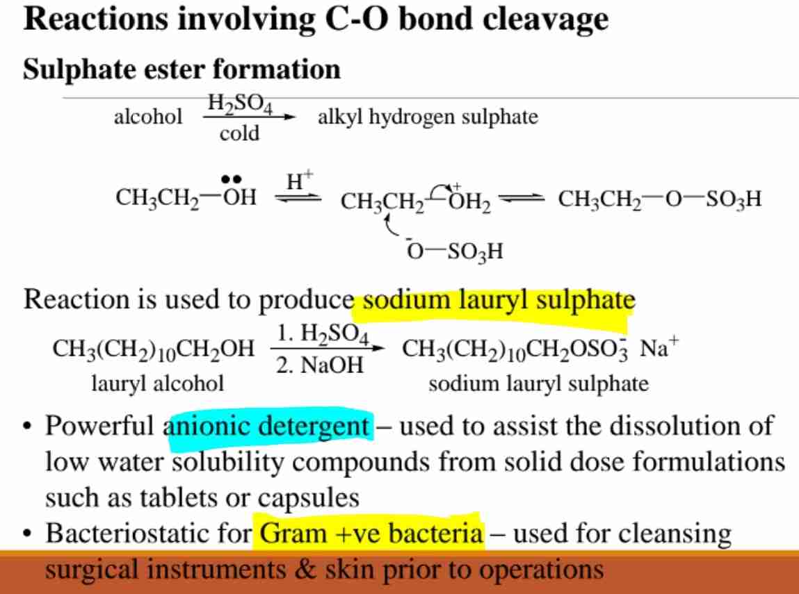 <p>Alcohols react with sulphuric acid to for alkyl hydrogen sulphate.</p><p>Reaction is used to produce sodium lauryl sulphate.</p>