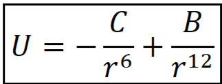 <p><span>Полная энергия межмолекулярного взаимодействия описывается уравнением Леннарда-Джонса, где C – константа электромагнитных характеристик частиц, B – константа борновского отталкивания, происходящего при перекрывании электронных орбит, r – расстояние между центрами частиц</span></p>