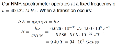 <p>E = -<strong>μ</strong>•<strong>B</strong> or E= -μ<sub>z</sub>•B (when B is directed along Z axis)</p><p>(negative of magnetic moment (as a vector) multiplied by external magnetic field (as a vector))</p><p>E = hν</p><p>equivalent energies</p>