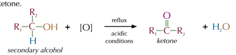 <p>refluxing secodnary alcohols with acidified potassium dichromate produces ketones</p>