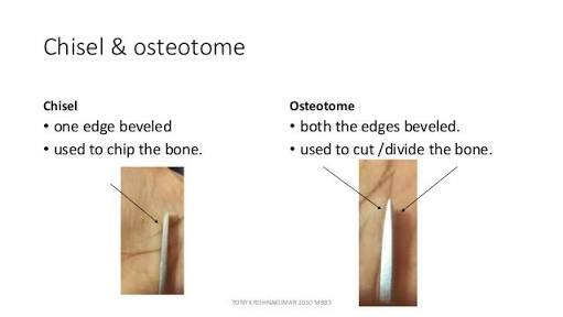 <ul><li><p>osteotom = lamă mai subțire și margini simetrice, ambele tăietoare → precizie mai mare, pt crearea unor canale sau modelare detaliată</p></li><li><p>dalta = lamă mai groasă, cu o margine tăietoare și cealaltă plată (o singură parte tăietoare) → tăieturi mai agresive, mai multă forță decât precizie</p></li></ul><p></p>