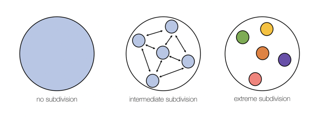 * Across these landscapes populations can have a subdivision, differentiation on the left is a representation of a population, with no subdivisions, showing a solid blue fill entire region.
* In the middle, is intermediate subdivision populations. Here is still quite similar evidence by the same colour throughout the populations are becoming isolated, but still maintaining some degree of gene flow
* Populations on the right would be an extreme subdivision. There’s no gene flow between the subpopulations, they’ve diverged significantly from each other and in the original and different colours over time
* extreme subdivision could lead to speciation