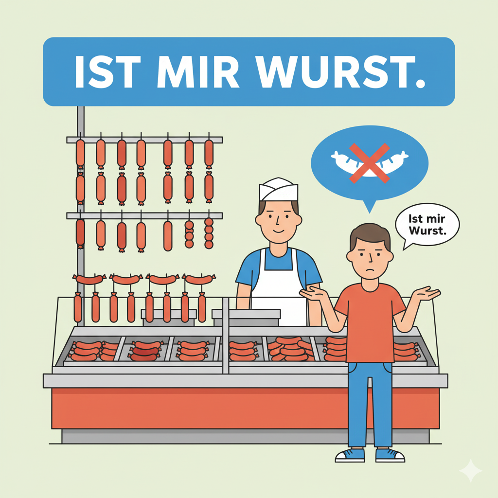 <p>a sausage has two ends that look identical ("Wurstzipfel"), so it doesn't matter which end you start with—it's "all the same.<br><br><strong>Franka:</strong> Wollen wir heute Abend Pizza oder Pasta essen? <strong>(Do we want to eat pizza or pasta tonight?)</strong></p><p><strong>Heiko:</strong> Puh, ich habe auf beides Appetit. <strong>Das ist mir Wurst!</strong> Such du etwas aus. <strong>(Phew, I have an appetite for both. It's all the same to me! You pick something.)</strong></p>