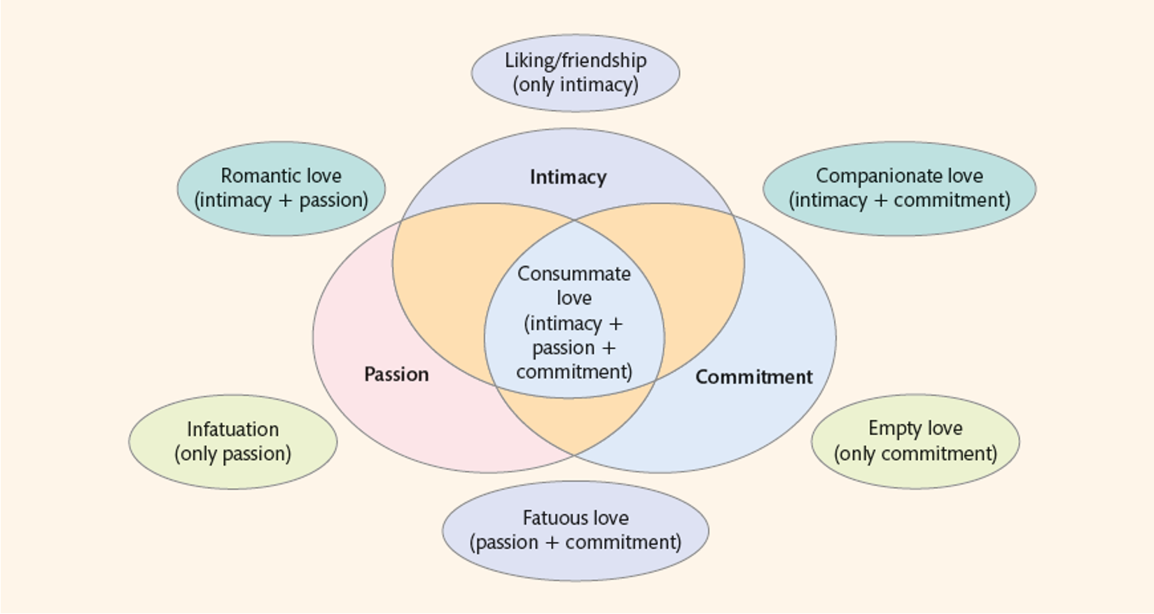 <p><span><span>•Intimacy: Emotional closeness and connection.</span></span></p><p><span><span>•Passion: Romance and physical attraction.</span></span></p><p><span><span>•Commitment: Cognitive decision to maintain the relationship.</span></span></p><p><span><span>•These elements combine to form seven love styles.</span></span></p>