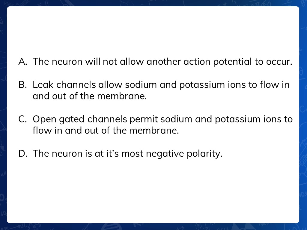 <p><span style="font-family: npprimarymedium, Helvetica, Arial, sans-serif">See reference image. Which best describes a neuron during its resting phase?</span></p>