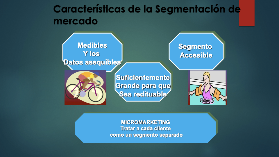 <p>Medibles y  los datos asequibles, Segmento Accesible, suficientemente que sea grande para redituable, MICROMARKETING Tratar a cada  cliente como un segmento  separado.</p>