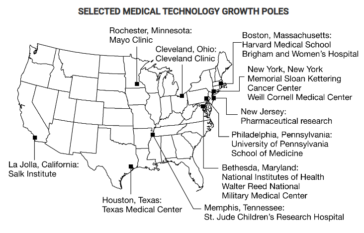 <p><span><span>The map shows medical technology growth poles in the United States. Which of the following statements best explains a limitation of the map in showing the geographic context of these growth poles?</span></span></p>