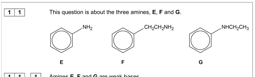 <p>Why are aromatic amines (like <strong>E</strong>) weaker bases than aliphatic amines (like <strong>F</strong>)?</p>