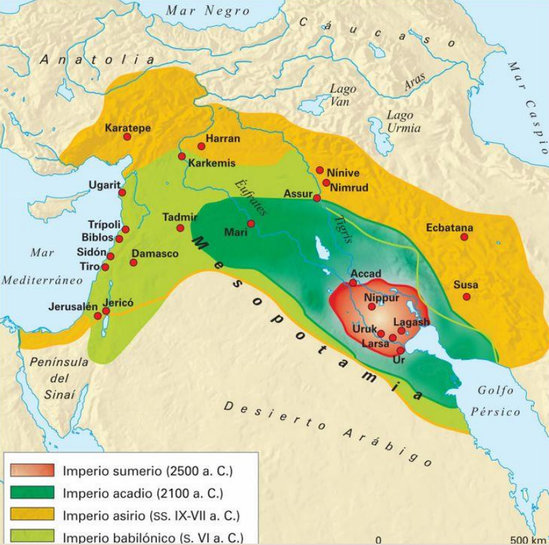 <p>entre <strong>dos Rios</strong>: Eufrates y Tigris</p><p>surge entre 3500-4000 a.c</p>