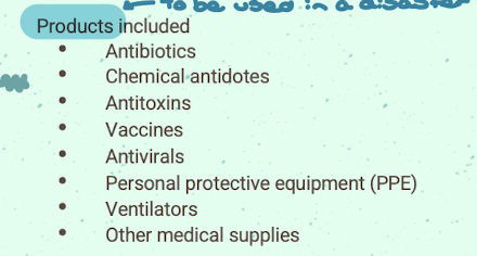<ul><li><p>Items acquired in order to be prepared for and to be used in a disaster</p></li></ul><p></p>