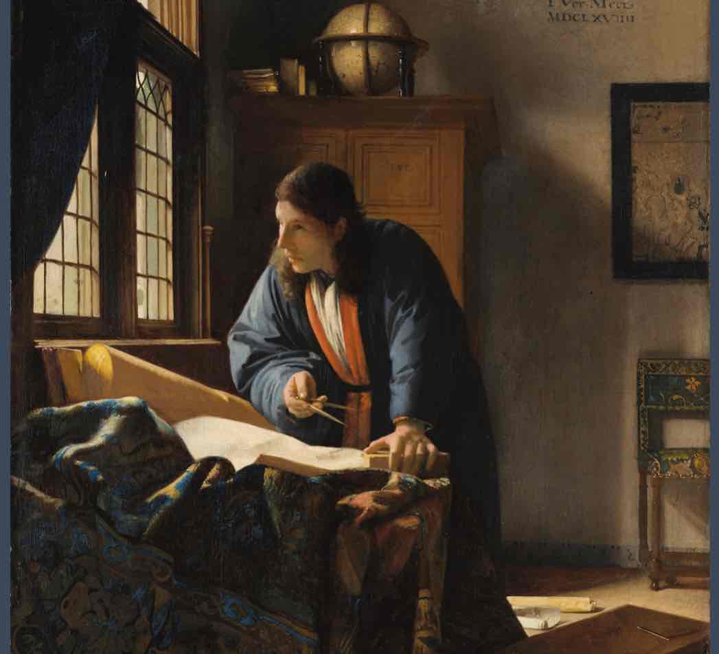 <p>Vermeer's composition, influenced by Renaissance perspective, is discussed in connection with Decartes' notion of a singular eye. This reflects the conflation of vision and truth in the Western tradition, reinforcing Western sentiments of superiority in comparison to “primitive” Eastern perspective</p>