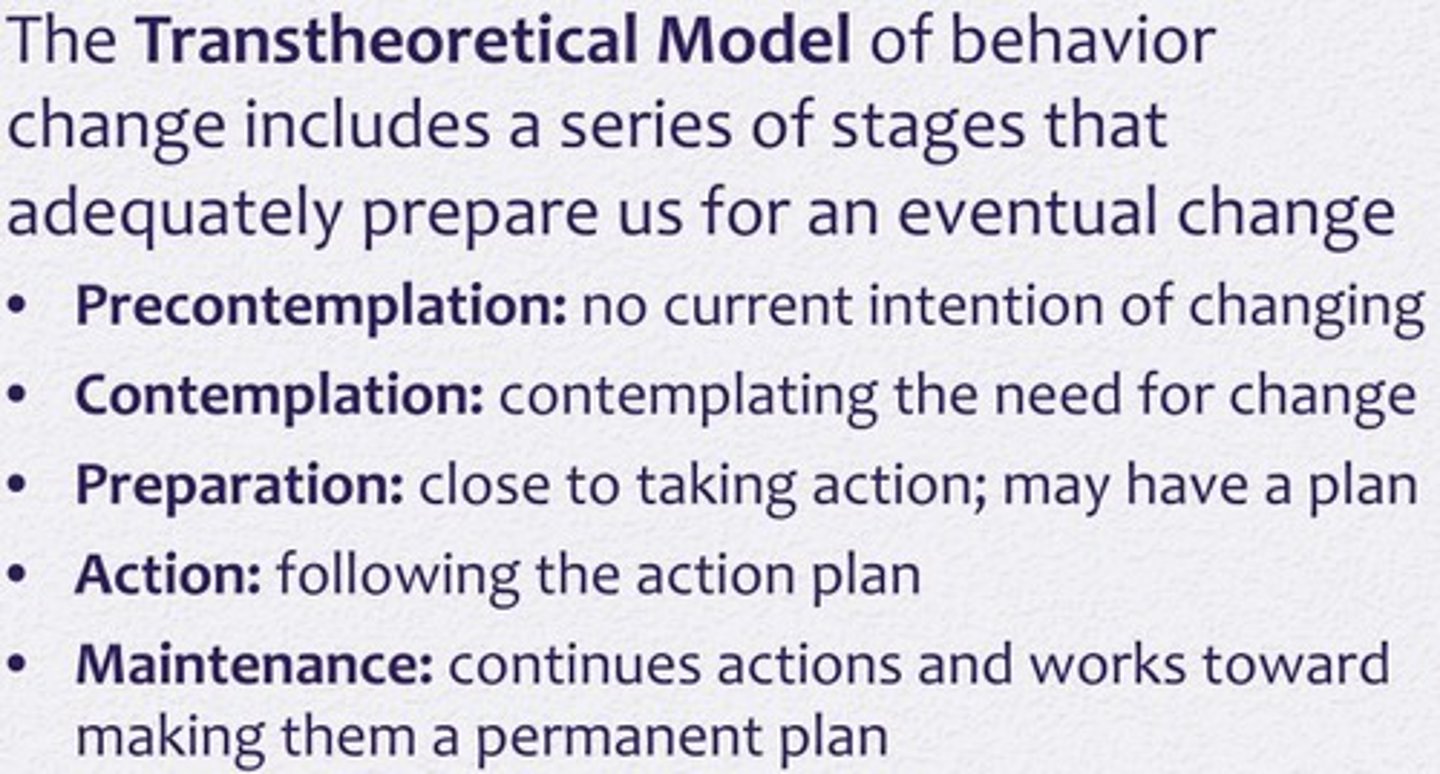 <p>1. Precontemplation</p><p>2. Contemplation</p><p>3. Preparation</p><p>4. Action</p><p>5. Maintenance</p>