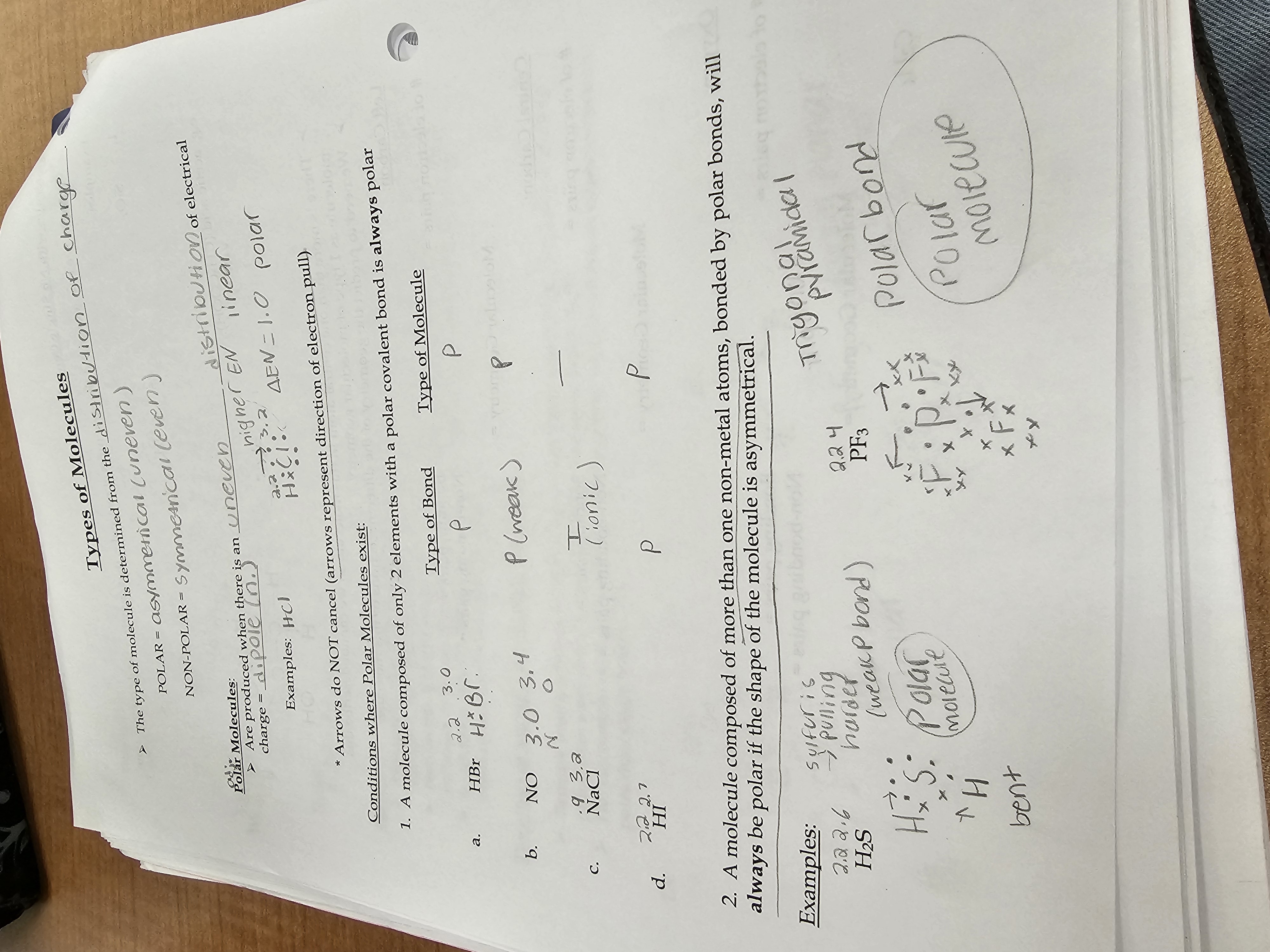 
1. A molecule composed of %%only 3 elements with a Polar covalent bond%% is %%always%% polar
2. A molecule composed of $$more than one non-metal atoms,$$ bonded by Polar bonds, will always be Polar if the shape of the $$molecule is asymmetrical$$ 