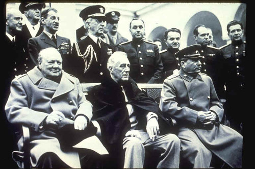 <p>1945 Meeting with US president FDR, British Prime Minister(PM) Winston Churchill, and and Soviet Leader Stalin during WWII to plan for post-war</p>